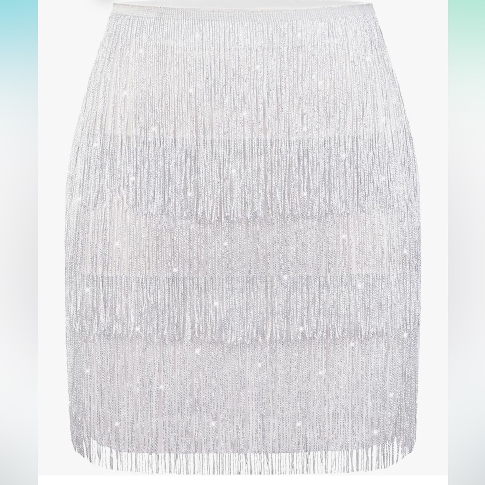 MANER Women’s Fringe Skirt Stretchy Sparkly Bodycon Tassel Trim Mini Skirt